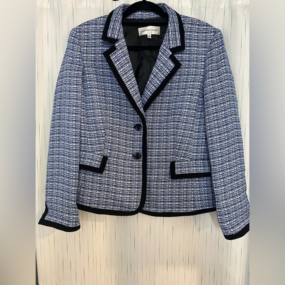 Jones New York Blue and Black Checkered Tweed Blazer